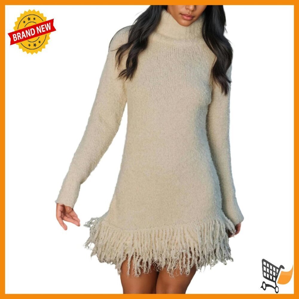 Long Sleeve Turtleneck Fringe Bodycon Mini Knit Sweater Dress